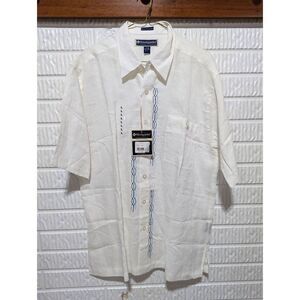 Weekender Men’s White Linen Button-Up Short Sleeve Shirt Size Large